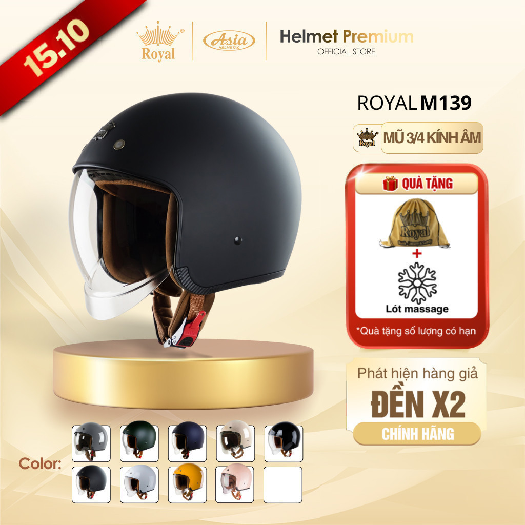 Mũ Bảo Hiểm 3/4 Royal M139 Kính Âm, Nón Bảo Hiểm Chống Nắng Cho Nam Nữ, An Toàn, Bảo hành 12 Tháng