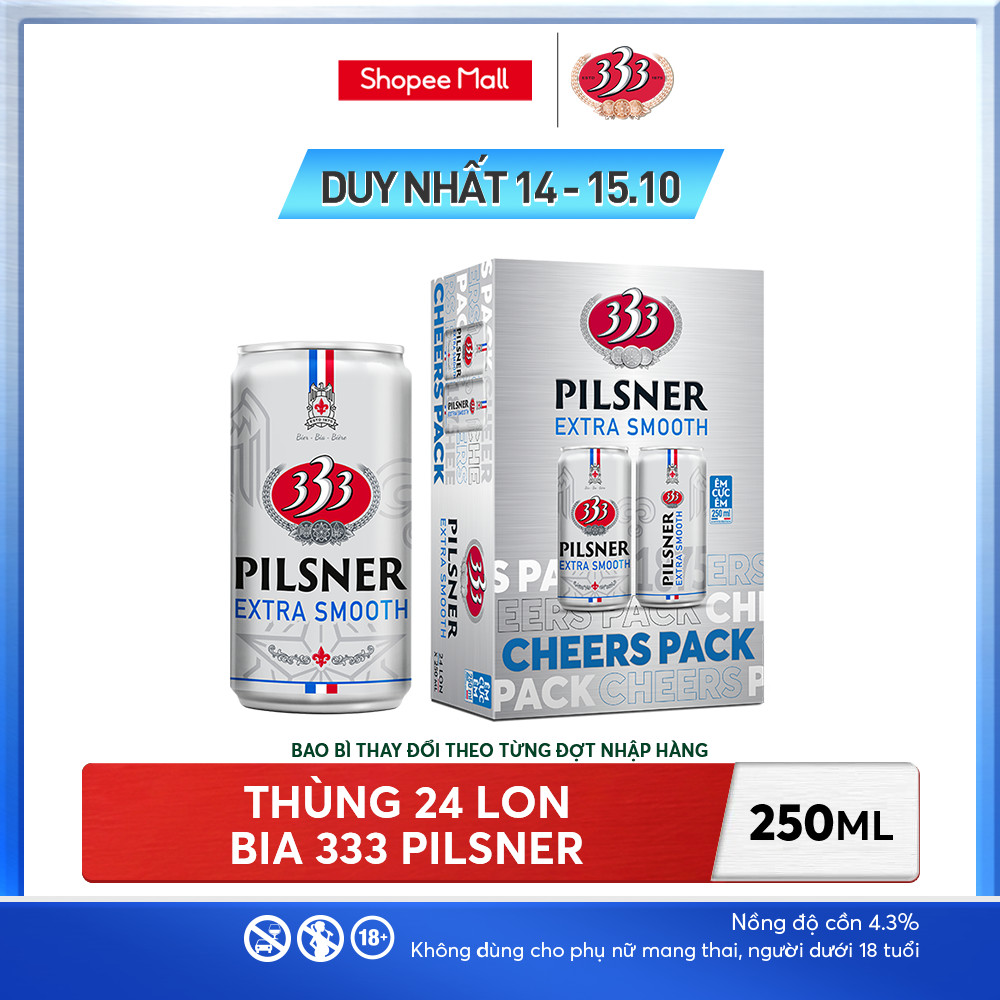 Nồng độ cồn 4.3% - Thùng 24 Bia 333 Pilsner 250ml