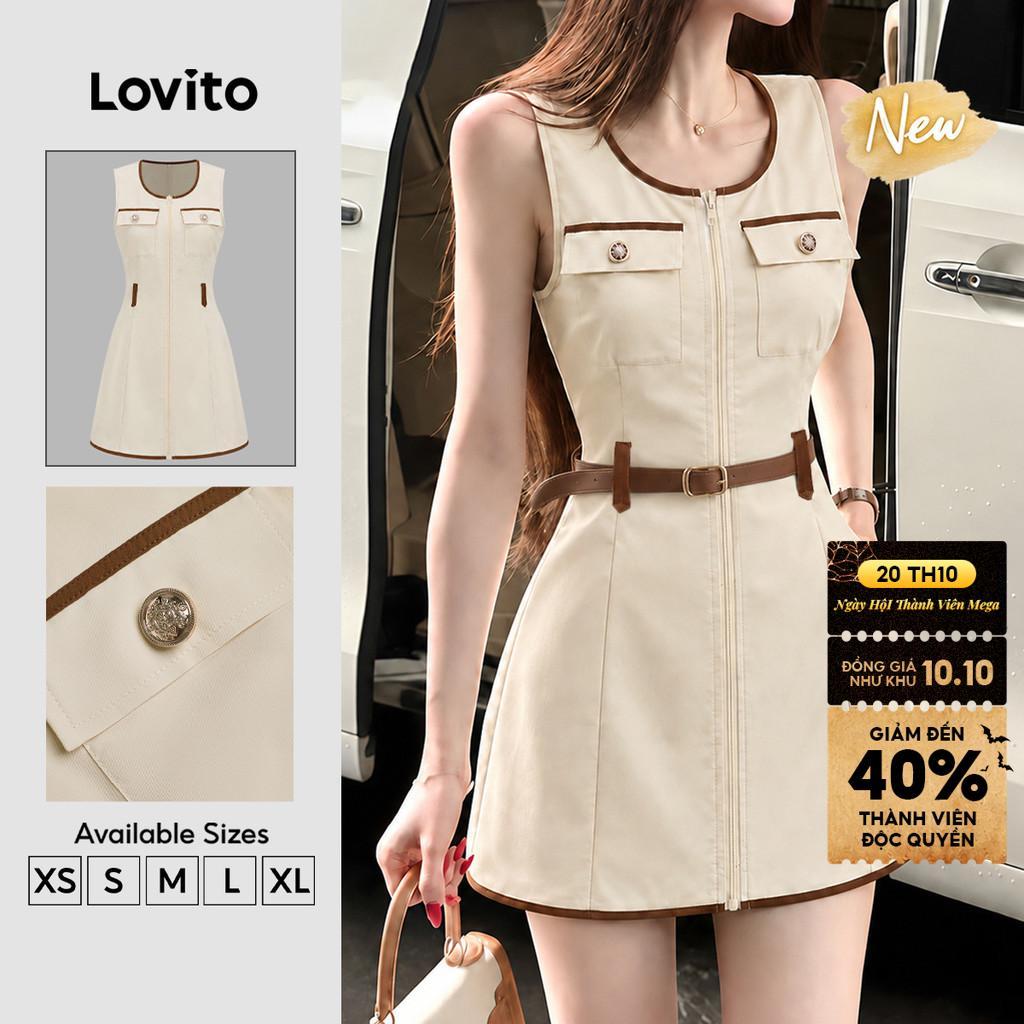 (New Arrival) Lovito Đầm Kaki nữ dáng xòe ngắn cổ chữ U viền tương phản túi giả thoải mái nhưng vẫn thời Trang Phong cách thường ngày Cho mùa xuân mùa hè và cuối tuần (không Kèm Thắt Lưng) DRK10P2D639