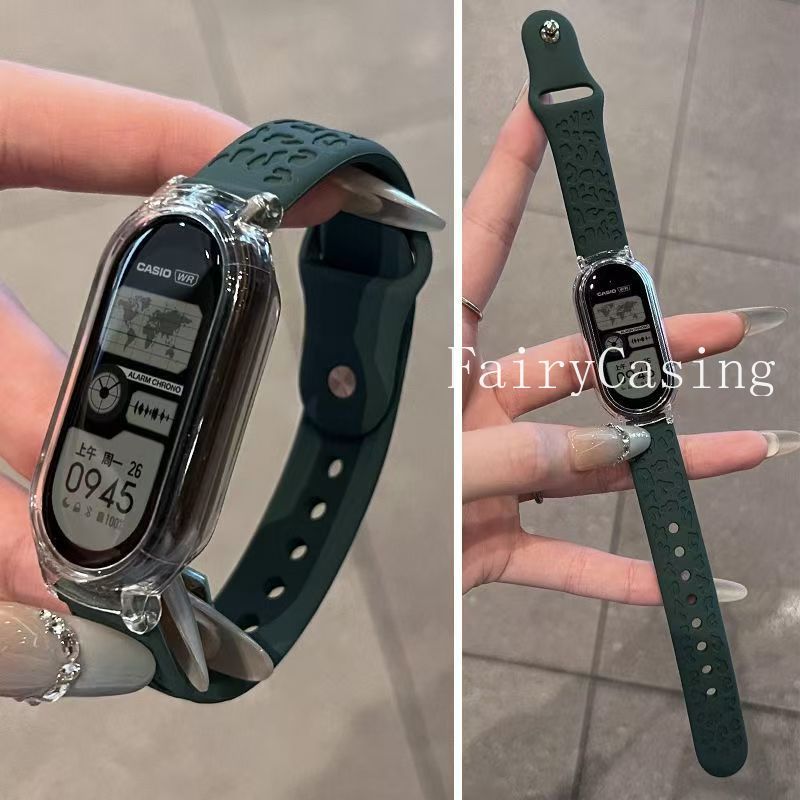 Ốp Lưng Trong Suốt + Dây In Da Báo Cho Xiaomi Mi Band 8 9 10 Vòng Tay Silicon Chống Thấm Nước Cho Mi Band 9 10Ceramic Phiên Bản Dây Đeo