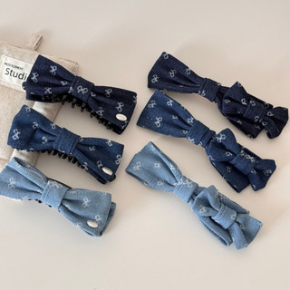 Kẹp Tóc Cao Cấp Style Hàn Quốc - Denim Màu Xanh Với Nơ Chuối In Họa Tiết, Phù Hợp Cho Duổi Ngựa Đứng