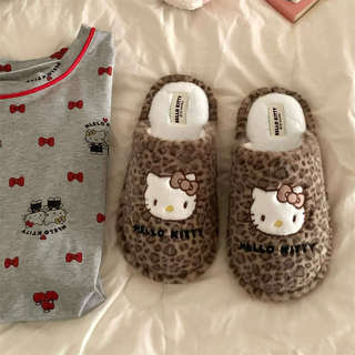 XIXITIAO Dép Cotton Da Báo In Mèo Con Nữ Độc Đáo Đế Mềm Sinh Viên Nhà Mùa Đông Ấm Áp