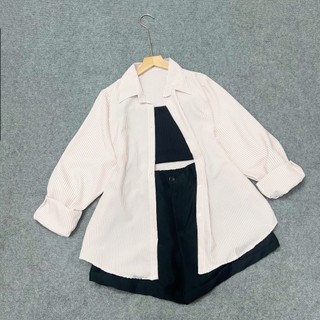 Set Đồ 3 Món Áo Sơ Mi Kẻ Sọc Vải Lụa Hàn Mềm Kèm Áo Dây Co Giãn Phối Quần Đùi Lưng Thun Basic SET(SM49+G118+Q28)