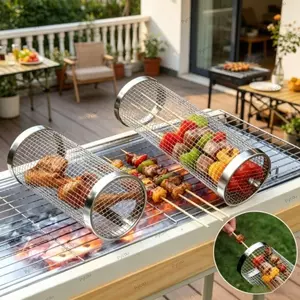Giỏ nướng bằng thép không gỉ PYCOU, Lồng nướng BBQ cán bằng thép không gỉ di động nhẹ, cấp thực phẩm Phân phối nhiệt Giá nướng lưới xi lanh chống gỉ