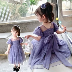 ✿ Bé Gái Thanh Lịch Tulle Đầm Công Chúa Trẻ Em Tay Phồng Ren Chắp Vá Nơ Mặt Sau Tiệc Sinh Nhật Trang Phục