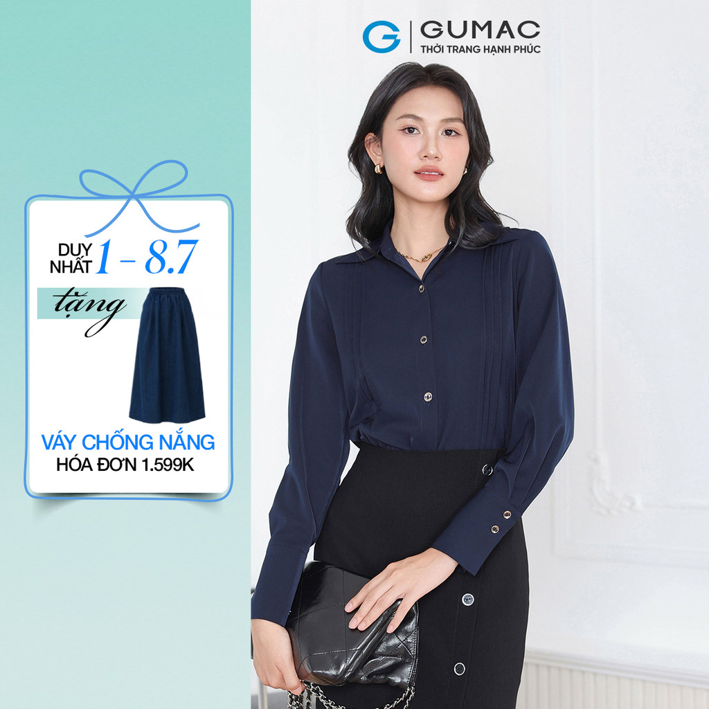 Áo Sơ Mi Nữ GUMAC Tay Dài Chiết Ly Lá Cổ Nhọn Vải Lụa Mềm Mát Công Sở AF03007
