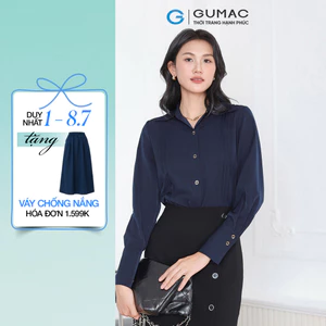 Áo Sơ Mi Nữ GUMAC Tay Dài Chiết Ly Lá Cổ Nhọn Vải Lụa Mềm Mát Công Sở AF03007