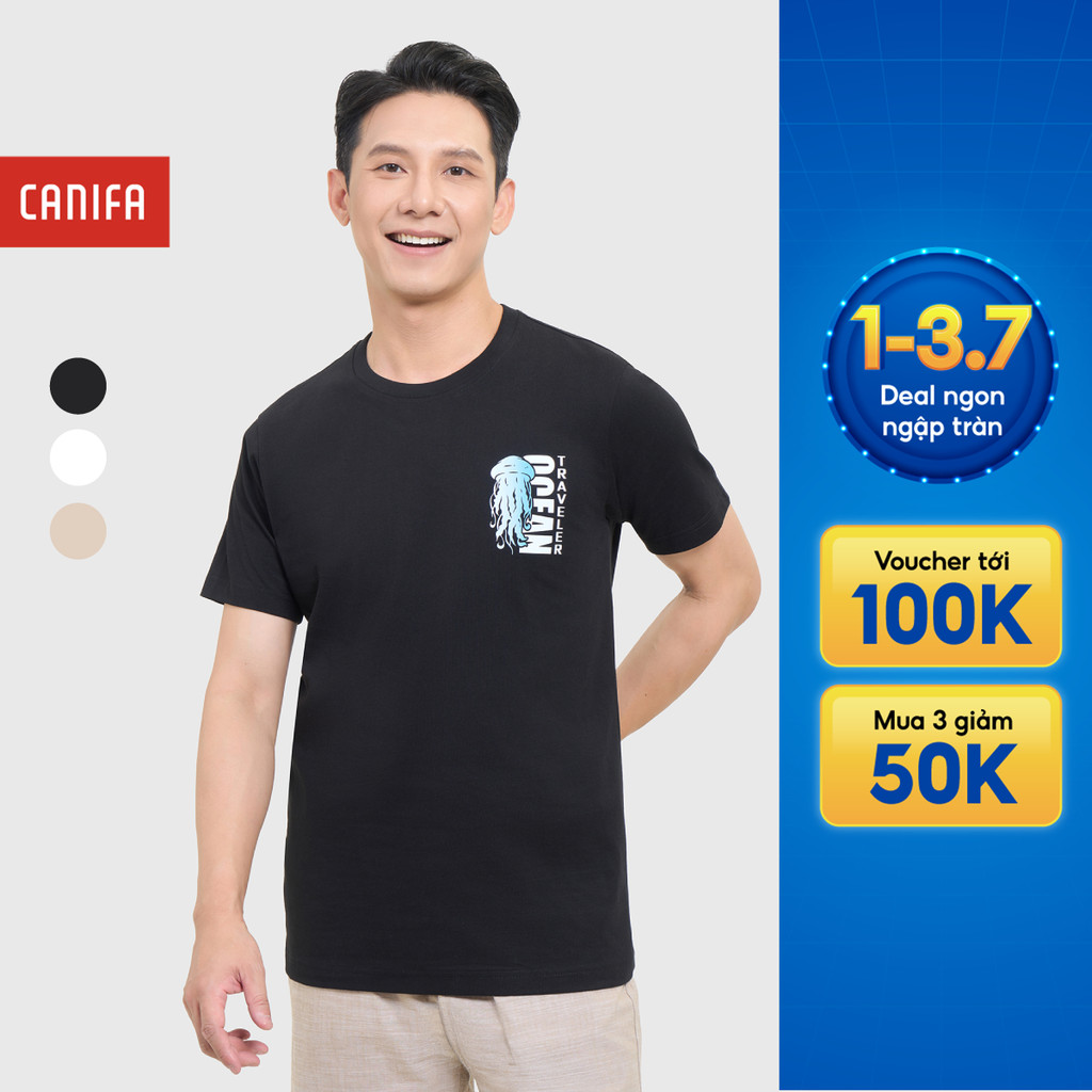 Áo phông nam CANIFA áo thun cotton cộc tay cổ tròn basic có hình in 8TS26S011