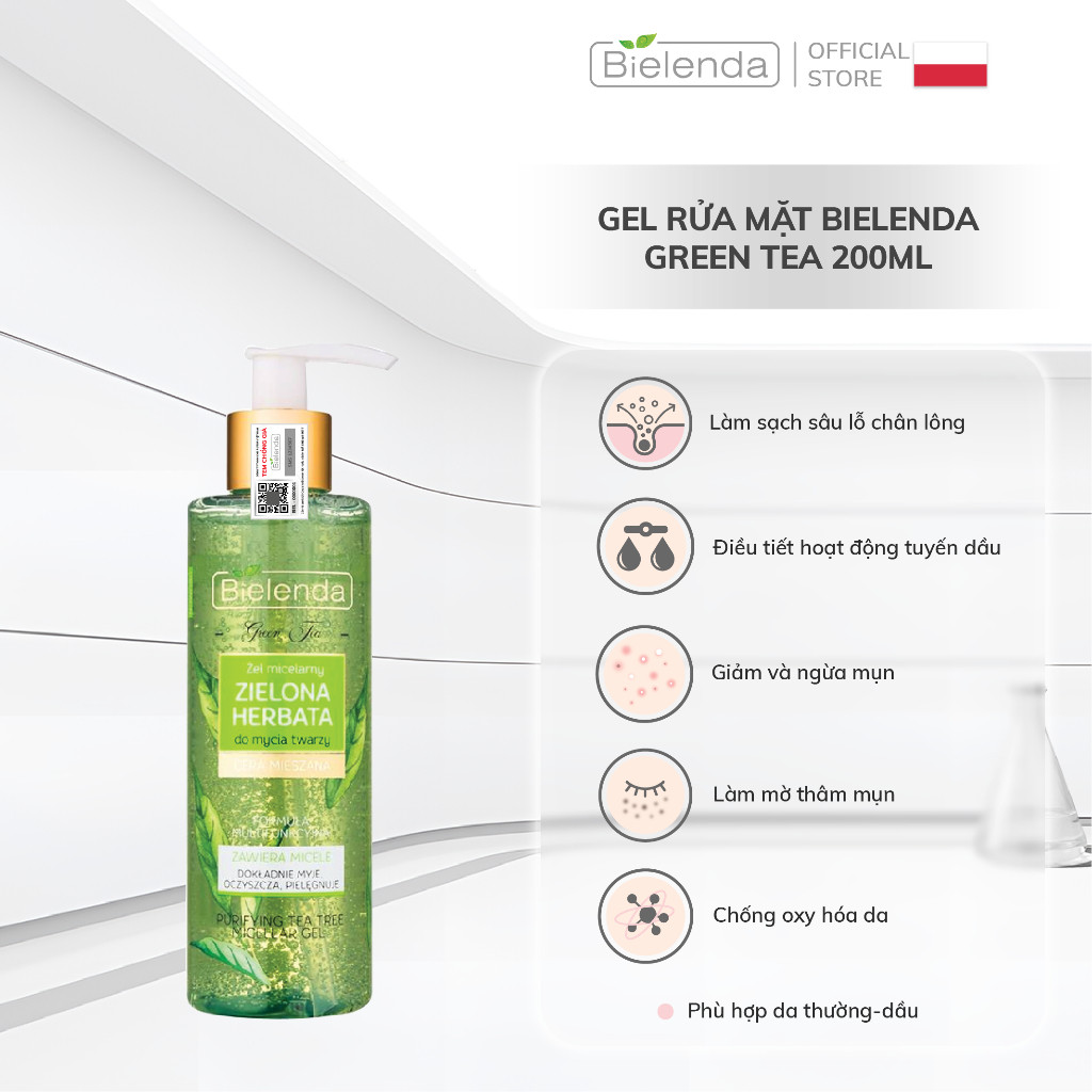 Gel rửa mặt Bielenda Green Tea làm sạch sâu, kiềm dầu, giảm mụn 200ml