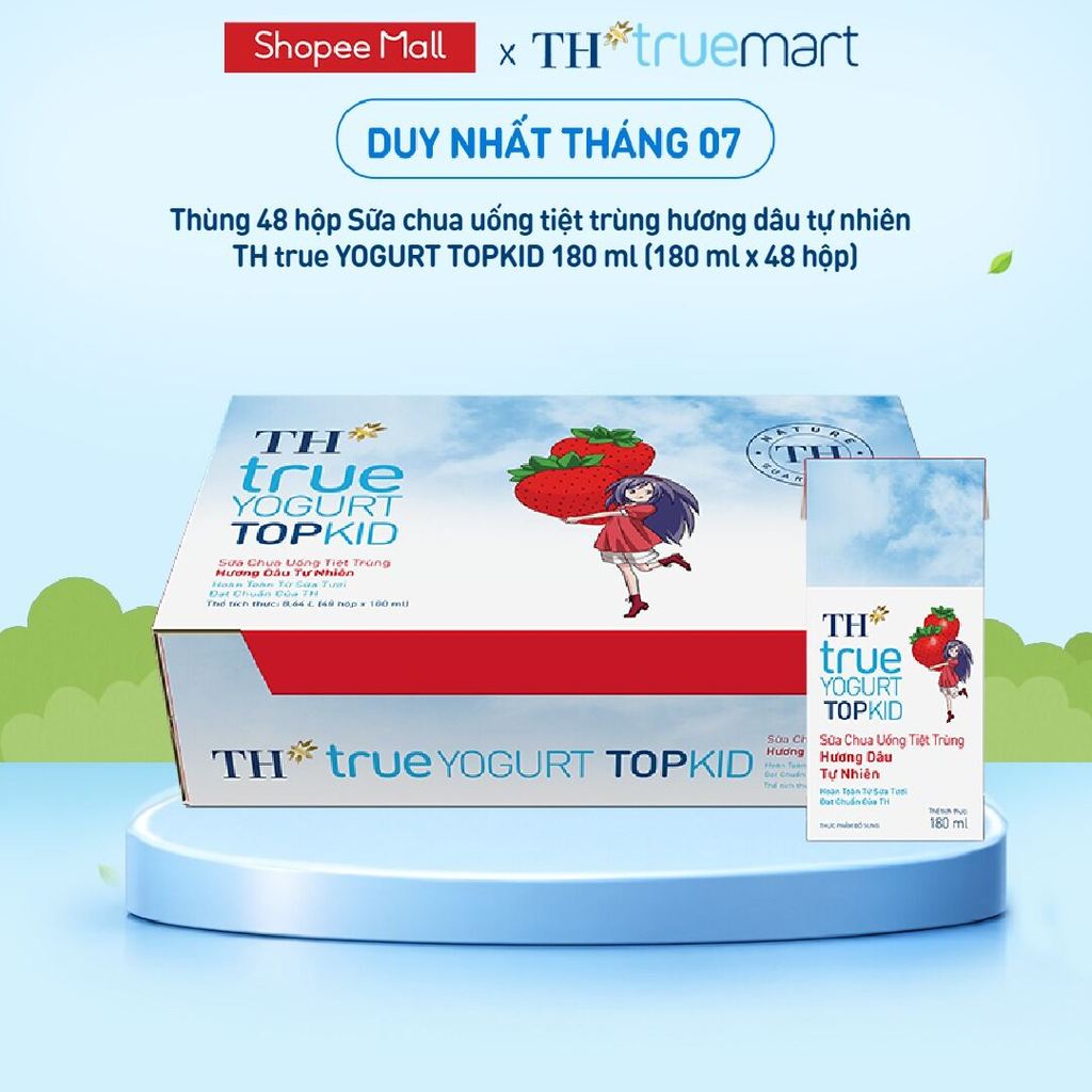 Thùng Sữa Chua Uống Tiệt Trùng TH true YOGURT TOPKID milk Hương Dâu Tự Nhiên 180ml (48 Hộp)
