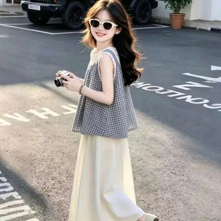 Bộ bé gái mùa hè Hàn Quốc - áo sát nách phối ren quần ống rộng giả váy 2 món