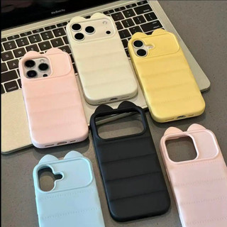 Ốp lưng nhựa mềm áo lông vũ tai mèo nổi 3D trơn màu, chống va đập bền lâu iPhone 12/13/14/15/16 Pro Max