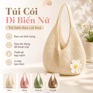 Túi Cói Đi Biển Nữ – Túi Lưới Đan Cài Hoa, Đeo Vai Hàn Quốc, Size Lớn Đựng Đồ Thoải Mái, Thiết Kế Kẹp Nách Thời Trang