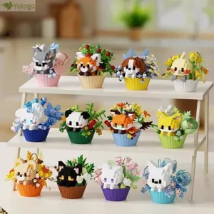 Khối xây dựng YOLOGO, Động vật hoạt hình Gạch xây dựng bằng nhựa Đồ chơi, Chủ đề tráng miệng Mèo dễ thương Thỏ trong chậu Khối hoa Quà tặng trẻ em