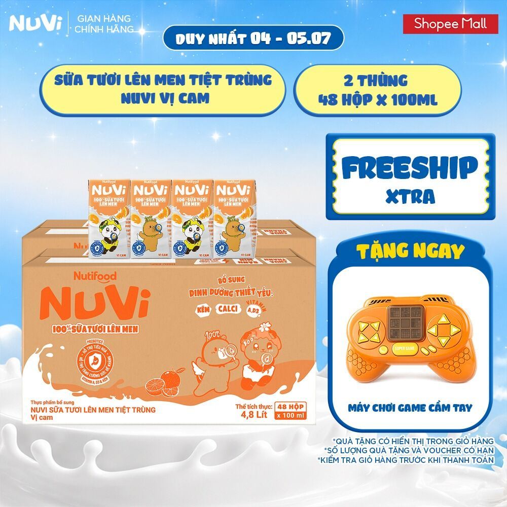 Combo 2 Thùng 48 Hộp Sữa Tươi Lên Men Tiệt Trùng Nuvi vị Cam 100ml