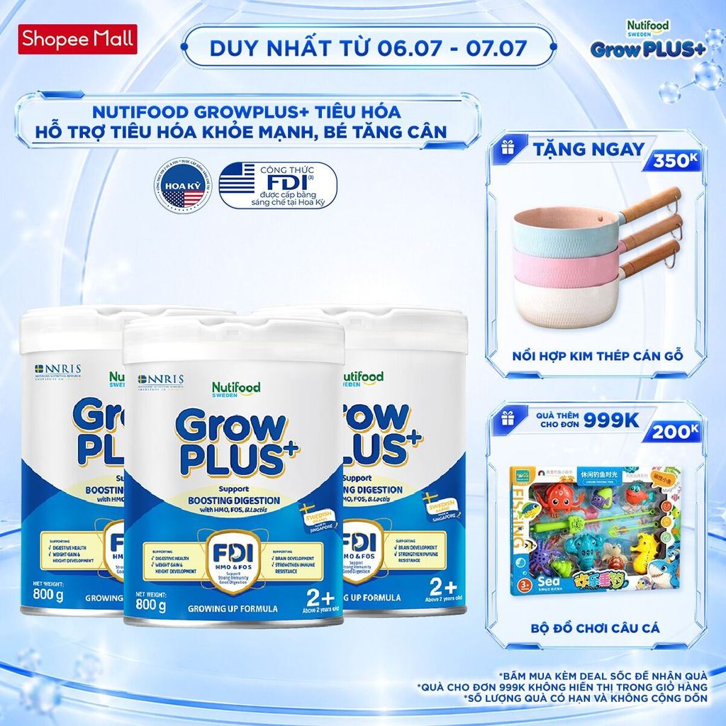 Combo 3 Sữa bột Nutifood Sweden GrowPLUS+ Tiêu Hóa (Xanh Nhạt) 2+ - Tiêu hóa khỏe, tăng cân (Lon 800g)