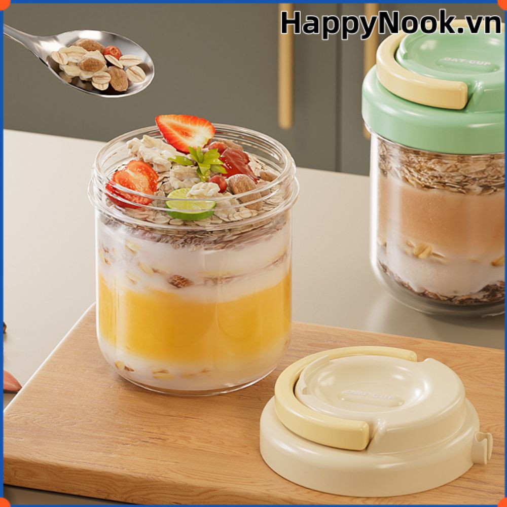 Bát sữa chua HAPPYNOOK, 430ML có nắp và thìa Cốc ăn sáng, Hộp đựng yến mạch chống rò rỉ di động chất lượng cao Bữa sáng