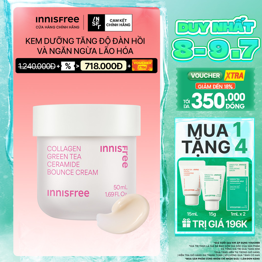 Kem dưỡng giúp làm mờ các dấu hiệu lão hóa trên da INNISFREE Collagen Green Tea Ceramide Bounce Cream 50mL