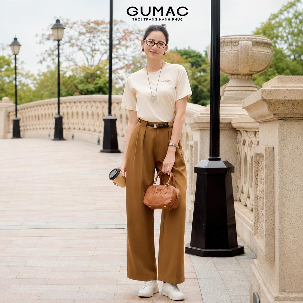 Quần Tây Nữ Ống Rộng GUMAC Phía Trước Chiết Ly Bản Lưng Có Đỉa To Cách Điệu QF07026