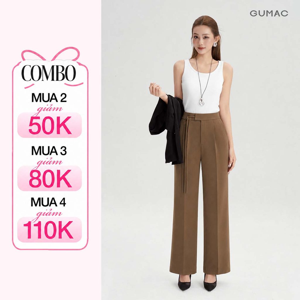 Quần Tây Nữ Ống Suông GUMAC Kiểu Lưng Cao Phối Dây Kiểu Thắt Nơ Dài 100Cm Có Túi LQG0501