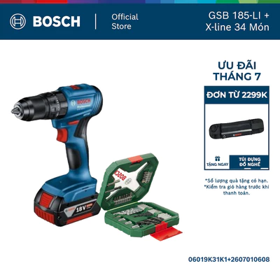 Máy khoan vặn vít pin GSB 185-LI (1 pin) - Tặng kèm 1 Bộ mũi khoan và vặn vít X-Line 34 món