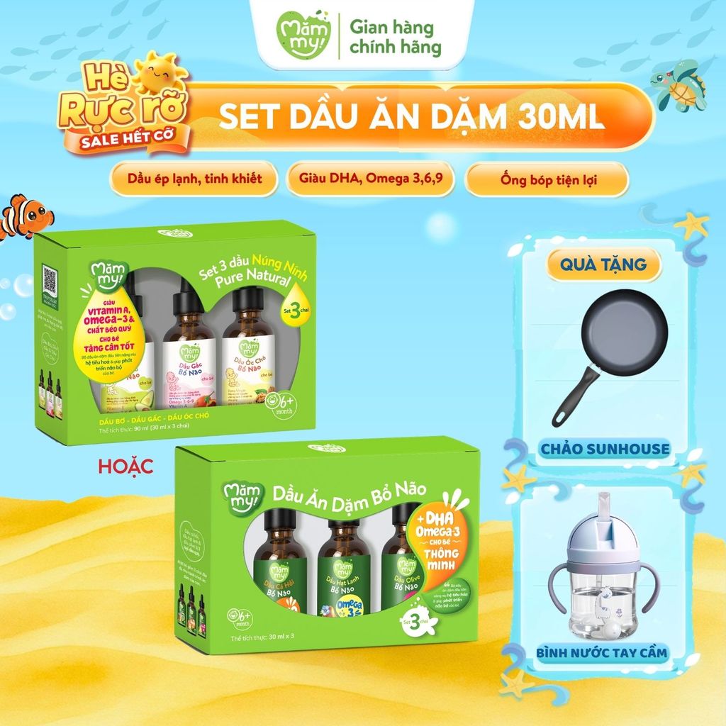 Dầu ăn dặm cho bé Mămmy Cá hồi, Hạt lanh, Olive, Bơ, Gấc, Óc chó bổ sung DHA bé 6 tháng, chai 30ml