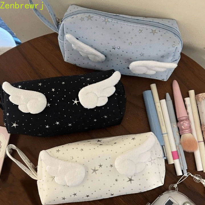 Hộp đựng bút chì ZORAX Wings Star Dots, Hộp đựng máy tính để bàn Dung tích lớn Túi đựng bút phong cách Hàn Quốc, Túi đựng mỹ phẩm Y2k Văn phòng phẩm In vải Túi đựng văn phòng phẩm Giá đỡ văn phòng phẩ