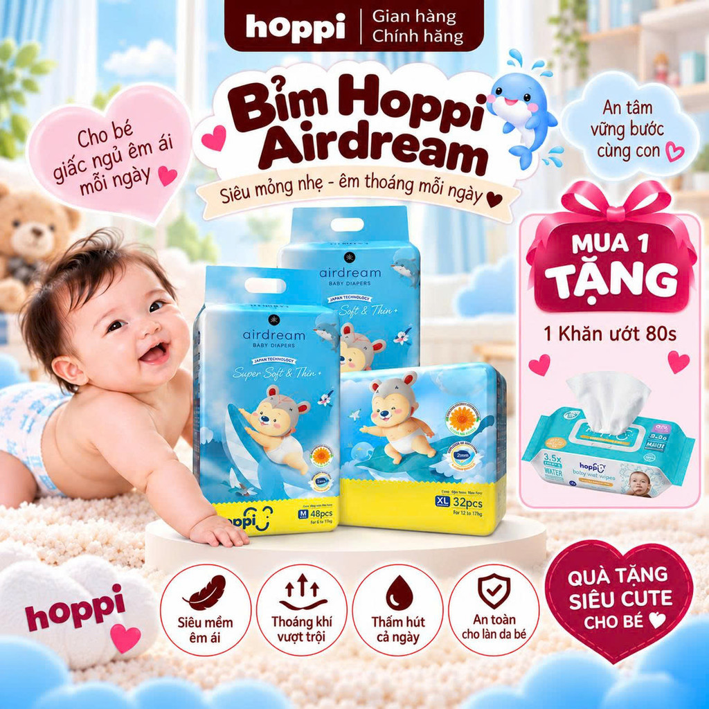 [ DEAL KÈM QUÀ] Bỉm - Tã Hoppi Airdream siêu mềm mỏng ( đủ các size cho bé )