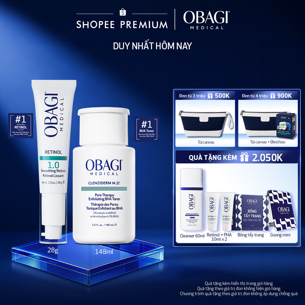 Bộ đôi dưỡng da Toner BHA Giảm Mụn Obagi Clenziderm M.D 148ml và Kem Dưỡng Đêm Obagi Retinol 1.0 (28g)