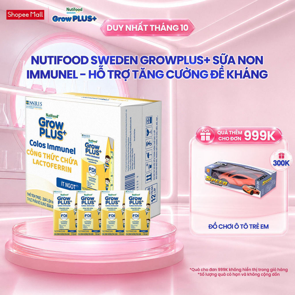 Thùng 24 hộp Sữa Bột Pha Sẵn Nutifood Sweden GrowPLUS+ Sữa Non Immunel (24 hộp x 110 ml) (Bao bì tuỳ lô hàng)