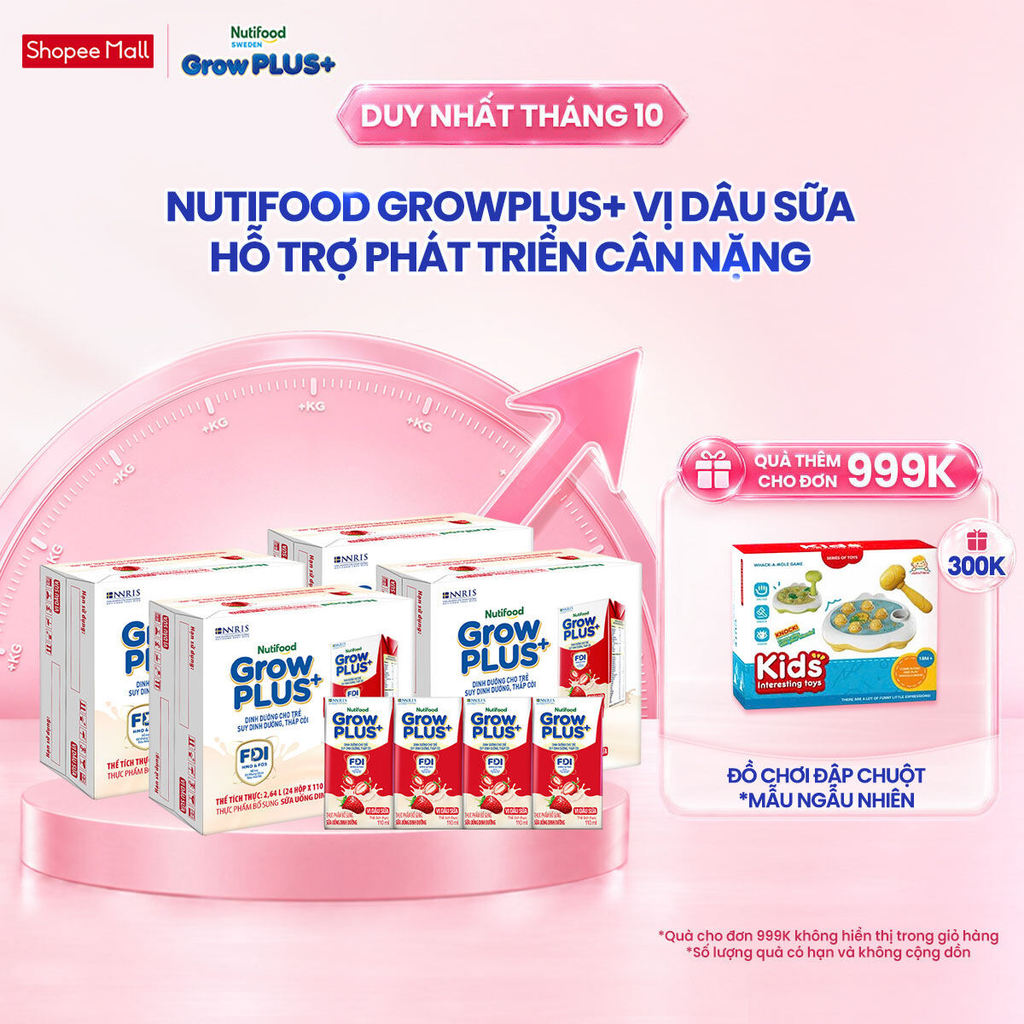Combo 4 Thùng 24 hộp Sữa bột pha sẵn Nutifood GrowPLUS+ Vị Dâu Sữa hộp 110ml - Trên 1 tuổi