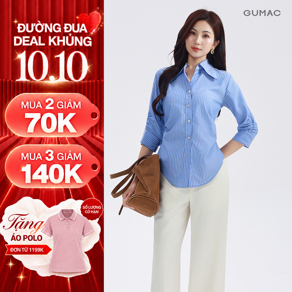 [VOUCHER 70K] Áo Sơ Mi Nữ GUMAC Áo Kiểu Công Sở Kẻ Sọc Tay Lửng Chiết Ly Eo Vải Kate Cao Cấp AF01024