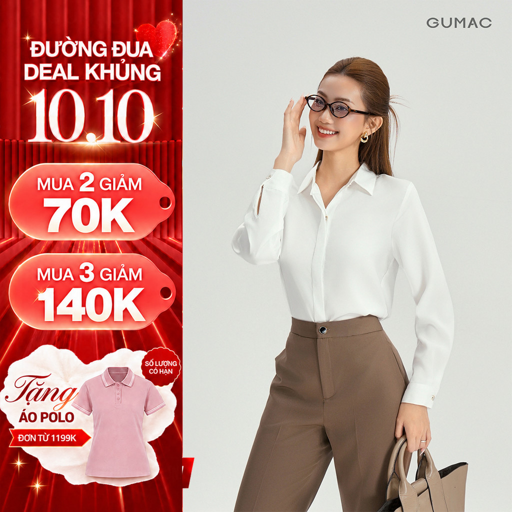 [VOUCHER 70K] Áo Sơ Mi Nữ Tay Dài GUMAC Áo Kiểu Công Sở Lụa Trơn Basic Cơ Bản Nẹp Đôi Giấu Nút BAE00003