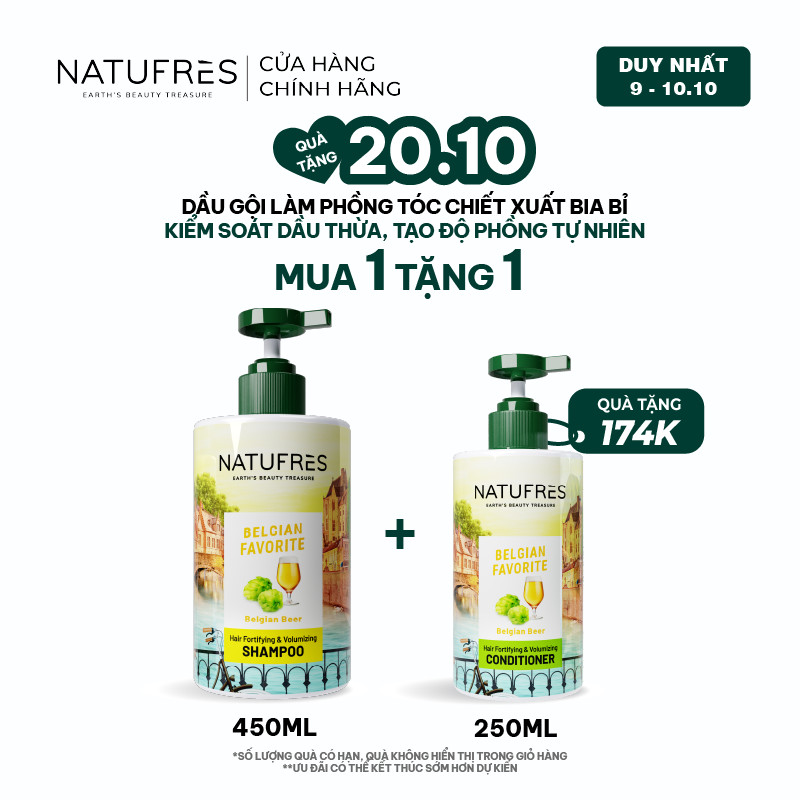 Dầu Gội Làm Phồng Tóc, Kiểm Soát Dầu Thừa, Ngăn Bết Dính Natufres Belgian Favorite Chiết Xuất Bia Bỉ - 250ml / 450ml
