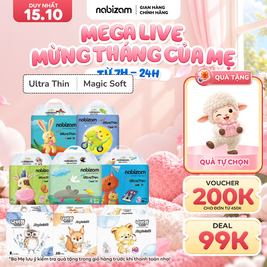 [Quà tự chọn] [4 BỊCH] Tã/Bỉm Nabizam Ultra Thin, Magic Soft Nội Địa Hàn Siêu Mềm Mỏng, Thoáng Khi, Cho Bé Từ 3-25kg