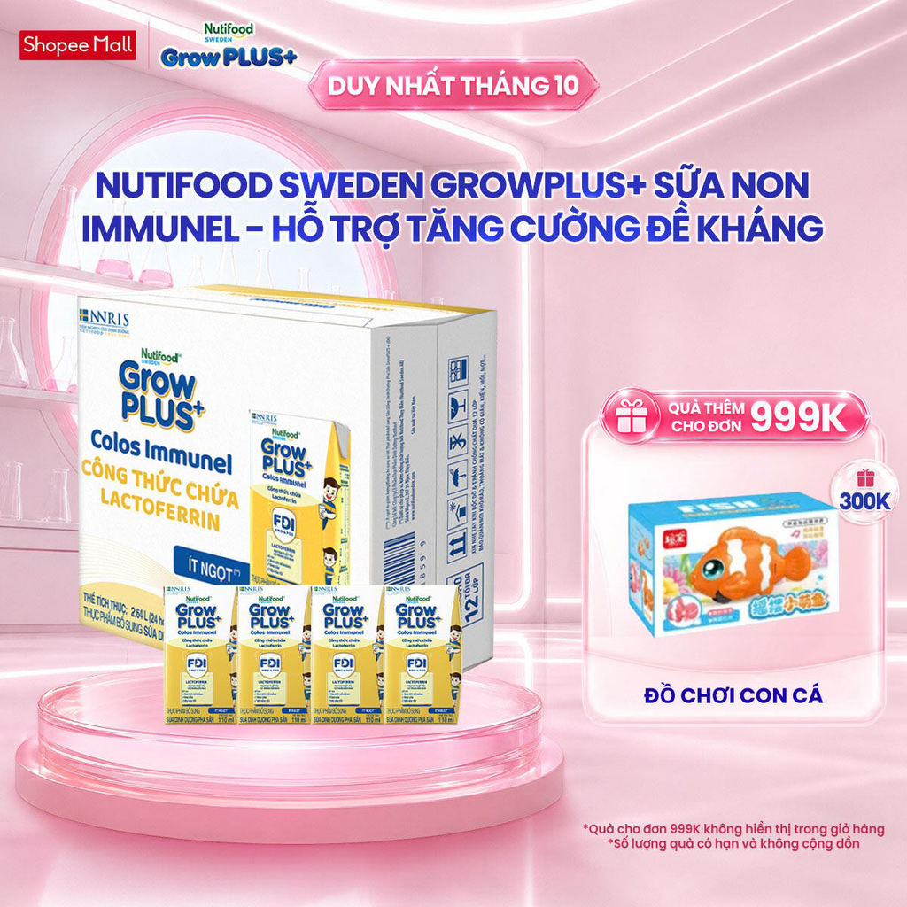 Thùng 24 hộp Sữa Bột Pha Sẵn Nutifood Sweden GrowPLUS+ Sữa Non Immunel (24 hộp x 110 ml) (Bao bì tuỳ lô hàng)