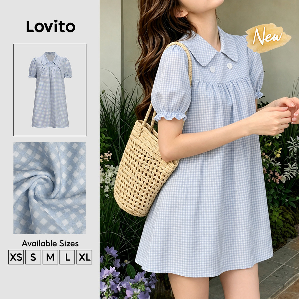 (New Arrival) Lovito Váy Xanh Dáng a Ngắn Kẻ Ca Rô Nút Thường Ngày Mùa Xuân Mùa Hè Cuối Tuần Dành Cho Nữ DRB206TD211