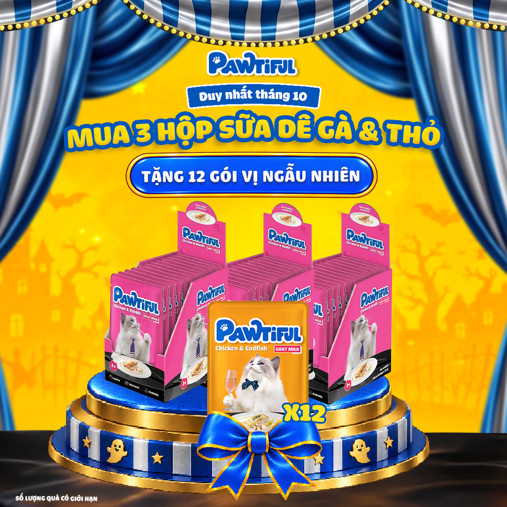 [MUA 3 HỘP TẶNG 12 GÓI] 3 Hộp Pate Pawtiful cho mèo dạng Sữa dê vị Gà & thỏ 3hộp x12gói x70g