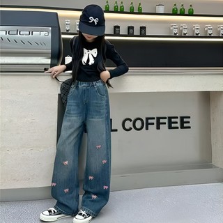 QuầN Jean ốNg SuôNg RộNg Cho Bé GáI ThiếT Kế ThêU HìNh Nơ MàU HồNg Phù QuầN ốNg RộNg Cho Bé GáI