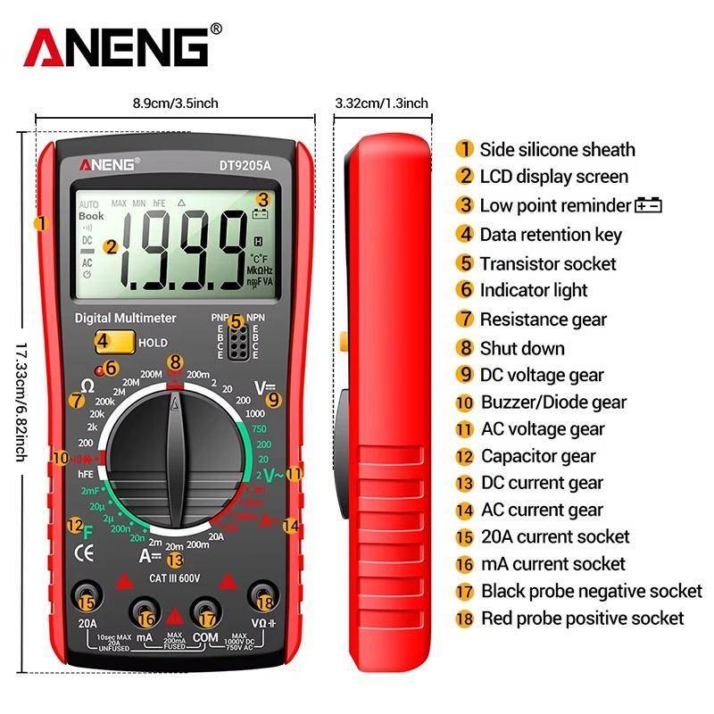 {AKIN} DT9205A 1999 Đếm Đồng hồ vạn năng kỹ thuật số RMS Máy kiểm tra điện áp DC di động cho bàn làm việc điện tử sở thích {a}