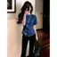 Áo sơ mi ngắn tay Denim cổ tròn màu xanh sang trọng cao cấp dành cho nữ