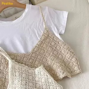 Pealike Nữ Vintage Pháp Móc Không Tay Camisole Vintage Rỗng Đan Hoa Crop Cổ Chữ V Đi Biển Mini Vest