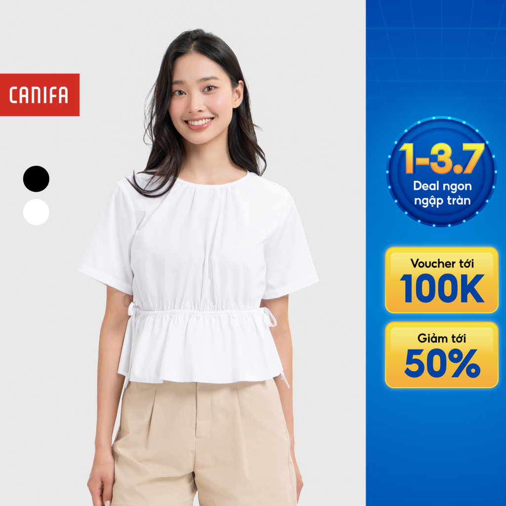 Áo kiểu nữ CANIFA cổ tròn cộc tay dáng ngắn bo eo có dây rút 6TO26S001