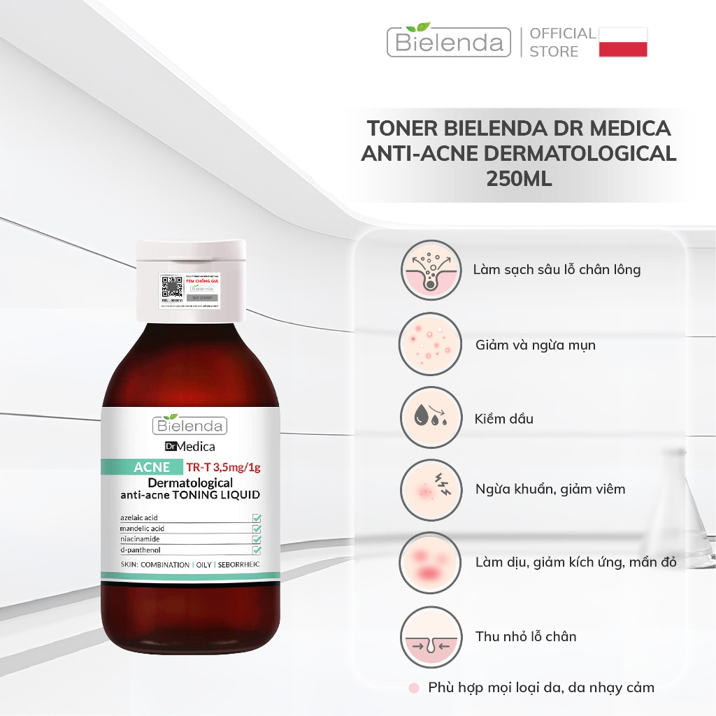 Toner Bielenda Dr Medica Anti-acne Dermatological làm sạch sâu, phục hồi da và giảm mụn 250ml