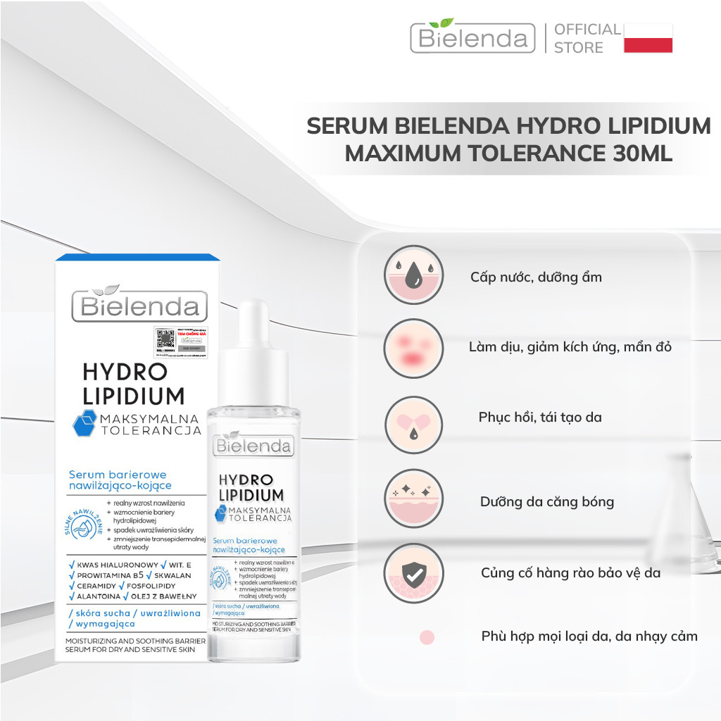 Serum Bielenda Hydro Lipidium Maximum Tolerance dưỡng ẩm sâu, làm dịu, phục hồi da nhạy cảm, viêm da cơ địa 30ml