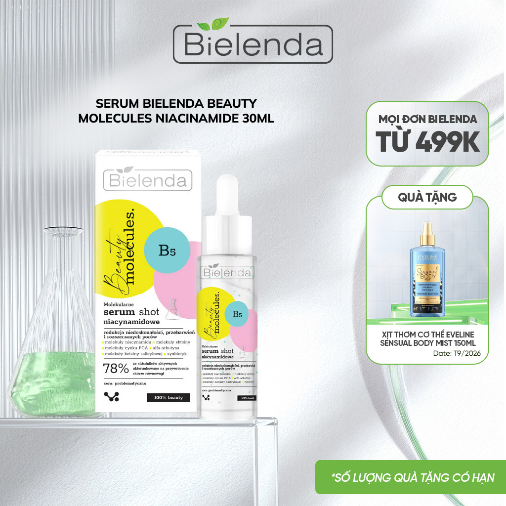 Serum Bielenda Beauty Molecules Niacinamide kiềm dầu, ngừa mụn, mờ thâm, làm sáng da 30ml
