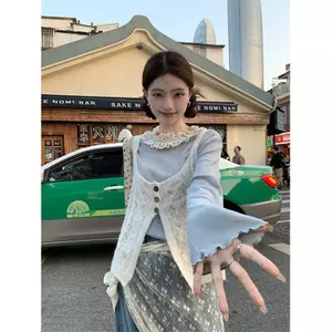 Bộ đồ nhẹ nhàng dành cho nữ Áo sơ mi dệt kim nhiều lớp mùa xuân Áo sơ mi ren đáy lưới Váy gạc phong cách Hàn Quốc Bộ đồ ba mảnh