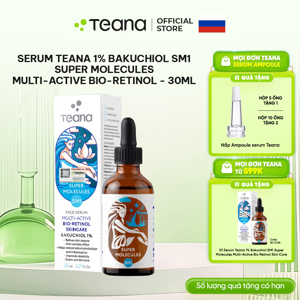 Serum Teana 1% Bakuchiol SM1 Super Molecules Multi-Active Bio-Retinol dưỡng ẩm, làm sáng và trẻ hóa da 30ml