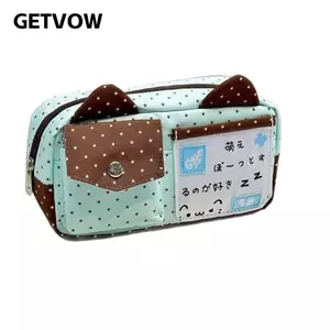 Túi đựng bút chì GETVOW, Thiết kế tai mèo Bút chì in chấm bi, Dụng cụ sắp xếp văn phòng phẩm sức chứa lớn bền bỉ Học sinh