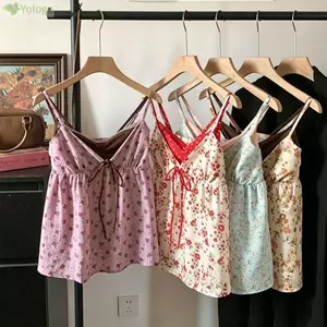 YOLOGO Hoa Camisole, Ren Viền Lưng Crop Tank Top, Hoa Họa Tiết Dây Đeo Áo Vest Nữ Trang Phục Mùa Hè